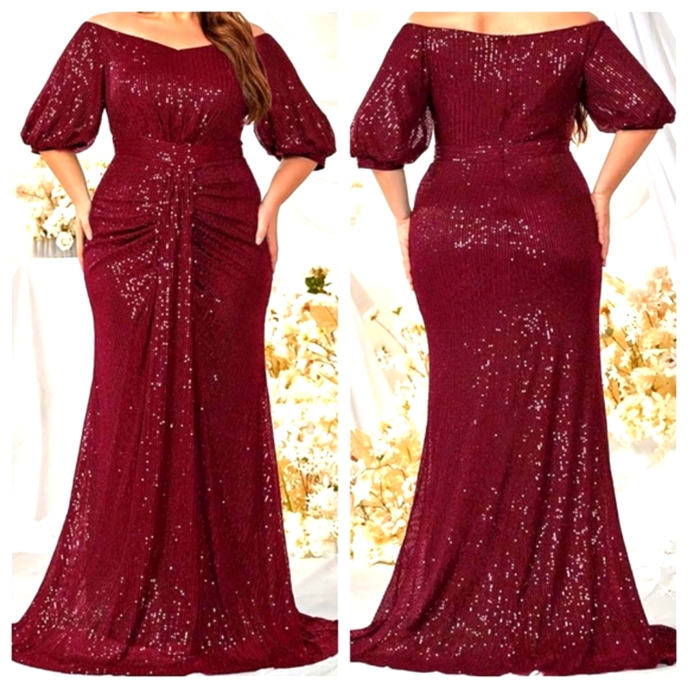 Women's Plus Size Off Shoulder Puff Sleeve Sequin Formal Maxi Dress Even…